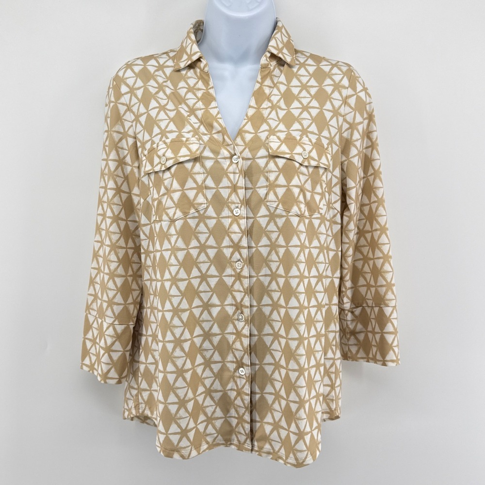 J McLaughlin Geometric Diamond Print Button Front Shirt Top Small Tan Ivory